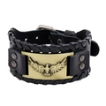 Bracelet vintage pour hommes en cuir noir avec emblème d'aigle doré et bords tressés - Bronze Antique
