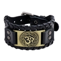 Bracciale polsino in pelle nera intrecciata con simbolo Om in bronzo e nodo celtico - Bronzo Antico