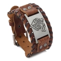Brown leather wide Viking bracelet with bronze Celtic wolf head metal plate - Brown Leather + Antique Silver