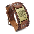 Vintage brown leather wristband with bronze Celtic wolf head plate and buckle closure - Brown Leather + Antique Copper