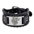 Viking style men's wide black leather bracelet with silver wolf head celtic carving - Black Leather + Antique Silver