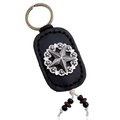 Vintage leather star keychain with metallic pentagram studs and decorative wooden beads - Black