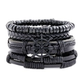 Men's multi-layer black leather bracelet set featuring vintage metal rudder charm - Black Set