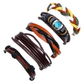 Five-piece set of vintage braided leather bracelets with colorful beads and metal charms - Five-Piece Set