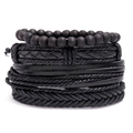 Conjunto de 4 piezas de pulseras de cuero negro multicapa y cuentas para hombre - Combinación Multicapa Tejida a Mano (TZ383) / Negro