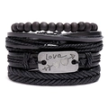 Pulsera multicapa de cuero negro para hombre con placa de metal retro Love y cuentas - Multicapa (TZ377)