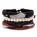 Retro mehrlagiges Herren-Lederarmband-Set mit Webseilen und silbernem Flügel-Anhänger - Feder Holzperlen Set