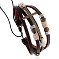 Retro multi-layer leather cross bracelet with bronze beads and braided wax cord - Vintage Cross Style (B01862)