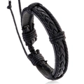 Adjustable black braided leather bracelet for men and women with punk style cord detail - Black (B01855)