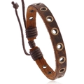 Retro brown cowhide leather bracelet with bronze metal eyelets and adjustable cord - Brown