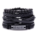 Retro multi-layer braided leather bracelet set featuring a hope metal plate and beads - Hope Metal Plate Style (TZ371)
