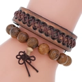 Vintage Leder und Holzperlen Armband Set für Herren mit dunkelbraunem geflochtenem Leder - Vintage Distressed Stil (TZ269)