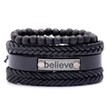 Set of 4 men's vintage black woven leather bracelets with believe metal tag and beads - Four-Piece Set