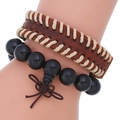 Vintage layered leather bracelet set for men featuring wooden beads and braided details - Style 1 (Retro Combination)