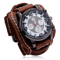 Vintage men's quartz watch with wide dark brown punk leather strap on white background - Retro Brown