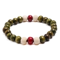 Pulsera retro de cuentas de madera con perlas verde oliva, crema y rojo oscuro - Verde Hierba