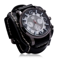 Vintage punk men's black wide leather cuff quartz watch with white stitching details - Black