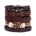 Men's multi-layer woven leather bracelet set in retro bohemian brown style - Five-Piece Set