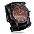 Orologio maschile vintage con cinturino largo in pelle nera e cuciture bianche a contrasto - Nero