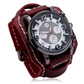 Retro punk men's wide brown leather cuff watch with a large black metal dial and white stitching - Retro Red