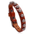 Bracciale vintage industriale in pelle marrone arancio con bulloni esagonali argento - Cuoio