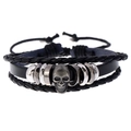 Bracciale da uomo in pelle multistrato con teschio d'argento e chiusura a cordoncino - Stile Teschio Nero (BX216)