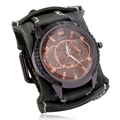 Men's vintage wide leather strap watch with dark green band and multi-functional dial - Retro Green