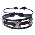 Multilayer vintage woven black leather bracelet with three silver metal X-shaped ornaments - Black