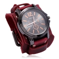 Montre manchette vintage en cuir rouge avec couture main et cadran style punk noir - Rouge Rétro