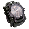 Montre rétro punk pour homme en cuir vert foncé avec boîtier en métal noir et coutures - Vert Rétro
