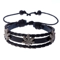 Multilayer black leather woven bracelet with three antique silver maple leaf metal charms - Black Leaf Style