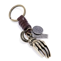 Retro bronze skeleton hand keychain with woven leather cord and engraved metal plates - Vintage Skeletal Hand (K361)