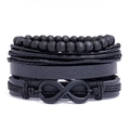 Multilayer black leather infinity charm bracelet set with matte beads and woven cords - Black Multi-layer Combination