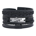 Mehrlagiges schwarzes Lederarmband mit geflochtenem Seil und Love Gravur-Plakette - 3-teiliges Set