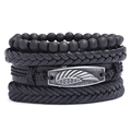 Set of four men's braided leather bracelets with vintage feather metal charm and black beads - Combination Of Four (TZ417)