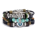 Multilayer leather bracelet with Evil Eye charms and silver feather pendant in boho style - Vintage Multilayer Beaded Style (BX239)