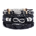 Set di bracciali vintage in pelle nera con piume e simbolo dell'infinito in argento - Stile Multistrato (TZ414) / Nero
