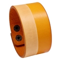 Wide leather bracelet with beige and tan color block design and dual metal button snaps - Retro Earthy Yellow