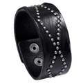 Punk black wide leather bracelet with silver metal rivets in X-pattern and snap closure - Black