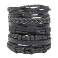 Set di 6 bracciali vintage in pelle intrecciata per uomo con perline in legno e cordini neri - Set di Stili Assortiti
