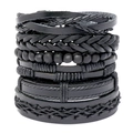 Handgemaakte meerlaagse zwart gevlochten leren armbandenset in retro punkstijl voor heren - Gelaagde Set