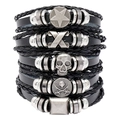 Vijfdelige punkrock leren armbandset voor heren met vintage zilveren schedelbedeltjes - 5-delige set