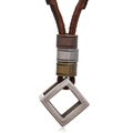 Retro hollow square pendant necklace with brown leather cord and textured beads - Brown