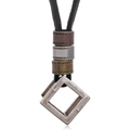 Vintage hollow cube pendant necklace with adjustable black leather cord for men - Black