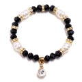 Elegante pulsera de cuentas negras facetadas, perlas y colgante de piedra transparente - Negro