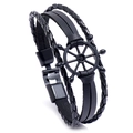Men's multilayer black leather bracelet with vintage nautical ship wheel and metal clasp - Black Nautical Helm Style