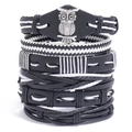 Set di bracciali multistrato in pelle intrecciata da uomo con ciondolo a forma di gufo - Set da 6 Pezzi
