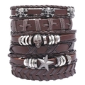 Set di bracciali in pelle marrone retrò con teschi e stelle metalliche per stile punk - Set da 6 Pezzi