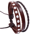 Meerlaagse vintage bruine leren armband met studs en verstelbaar trekkoord - Multi-Layer Combinatie (B01894) / Bruin