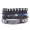 Ethnic bohemian leather bracelet set featuring metal feather charms and studded braid layers - Tools Set Combo